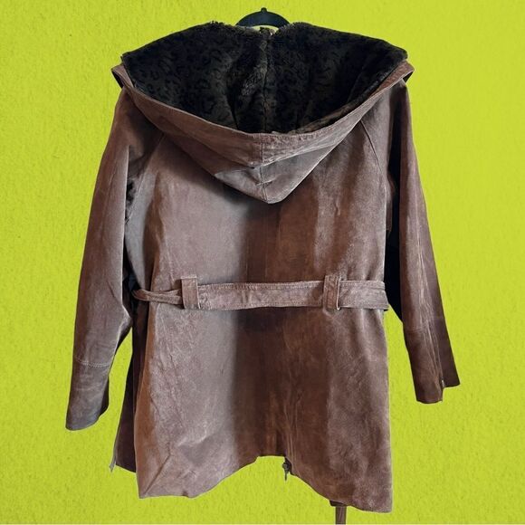 90s vintage brown suede leather coat faux fur hood - Picture 4 of 7